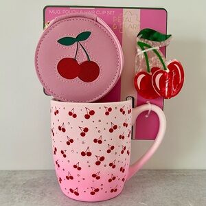 PETAL & PEARL Cherry Theme Gift Set - Mug, Saffiano Pouch, Hair Clip, NWT